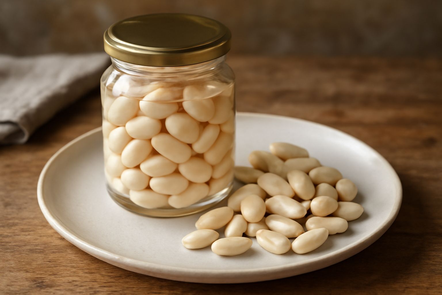 Mandorle bianche intere immerse in liquido trasparente dentro un barattolo di vetro con tappo ermetico, su fondo di legno chiaro