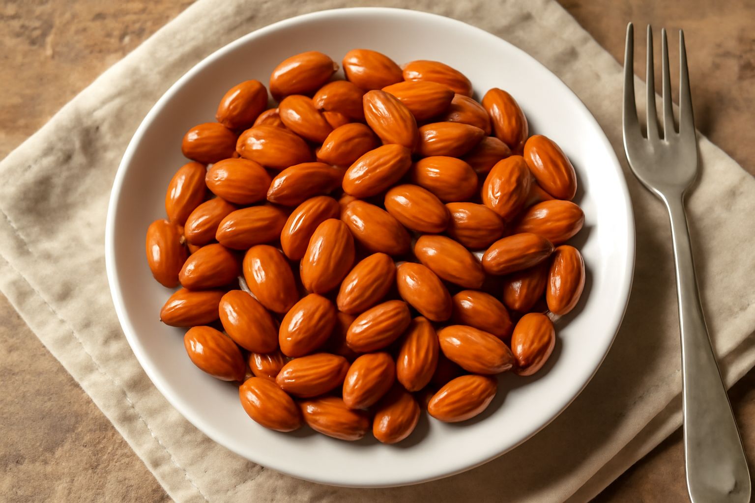 Mandorle dorate e tostate in barattolo di vetro ermetico, con alcune sparse su un piatto bianco; superficie lucida e colorazione uniforme nocciola.