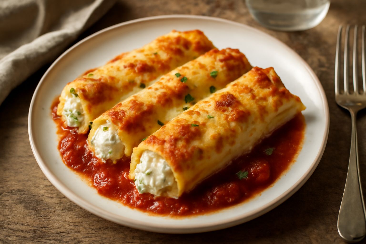 Manicotti dorati al forno in teglia, ricoperti di formaggio filante, con salsa di pomodoro rosso intorno, guarniti di prezzemolo fresco verde