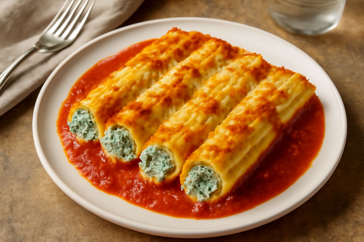 Sei manicotti ripieni di ricotta allineati in pirofila di ceramica bianca, ricoperti di salsa di pomodoro rosso e formaggio gratinato leggermente dorato, con foglie di basilico verde fresco tra i tubi