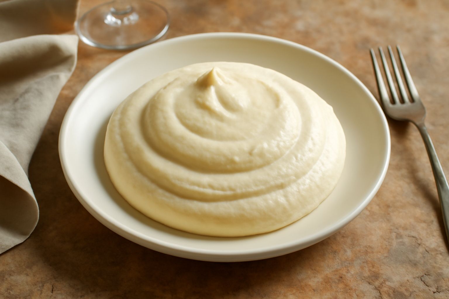 Mantecato cremoso bianco o nocciola in ciotola di porcellana, superficie morbida e omogenea, posato su tavolo di legno chiaro con un cucchiaio da dessert accanto