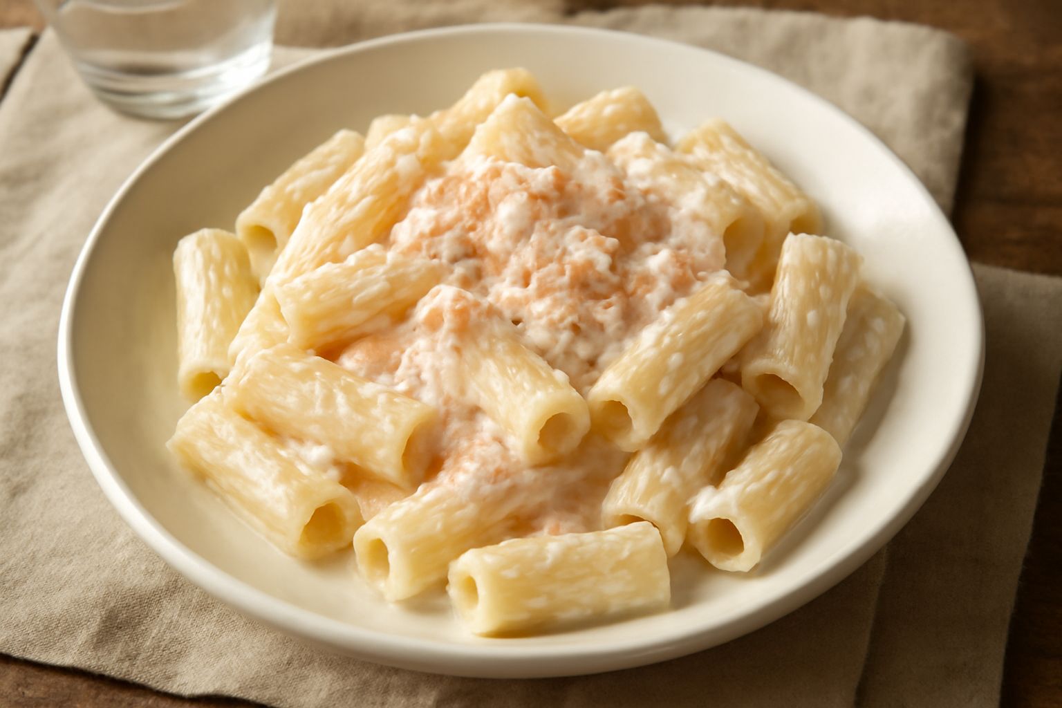 Piatto di pasta rigatoni con mantecatura cremosa bianca e rosa, fiocchi di pesce delicati in superficie, foglia di prezzemolo fresco e buccia di limone grattata