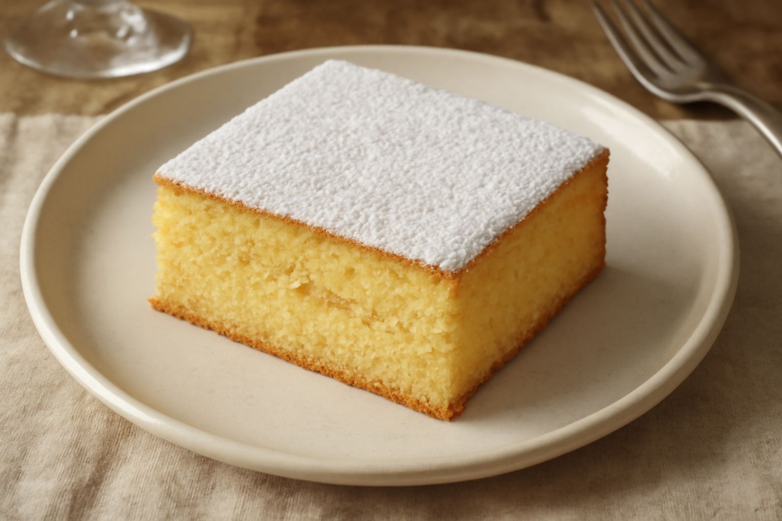 Fetta di torta Mantovana con pan di Spagna dorato a strati, crema pasticcera gialla al centro, spolverata di zucchero a velo bianco in superficie
