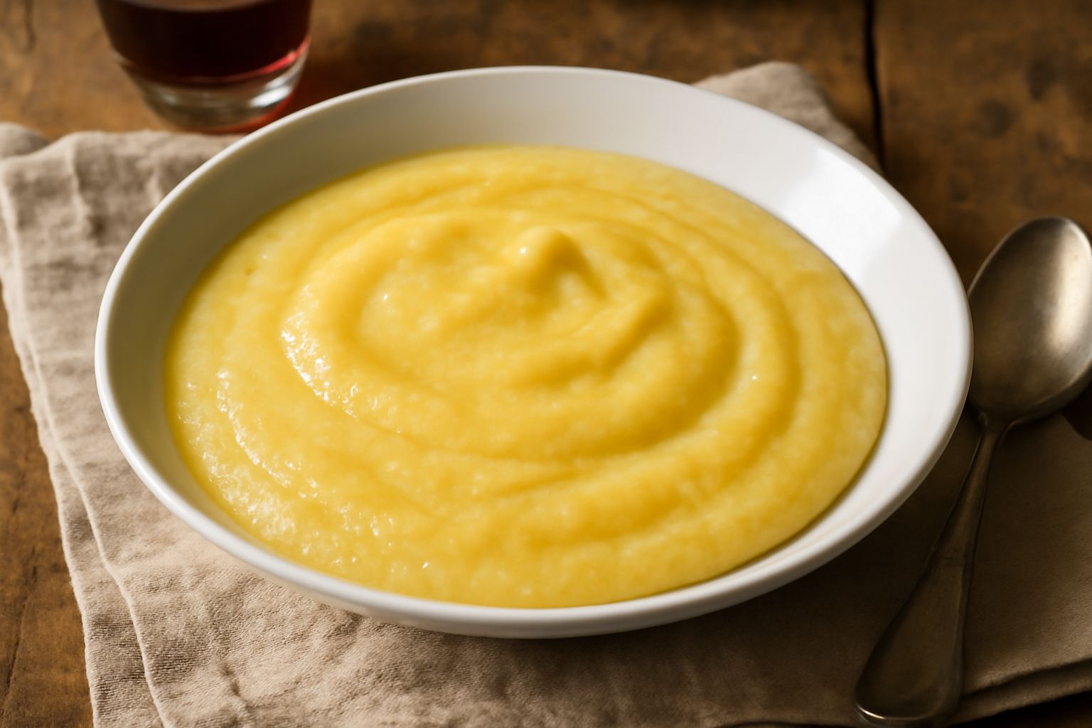 Mantovano cremoso di colore giallo paglierino, versato in una ciotola di ceramica bianca, con un cucchiaio di legno che affonda nella crema densa e liscia, sfondo di cucina rustica