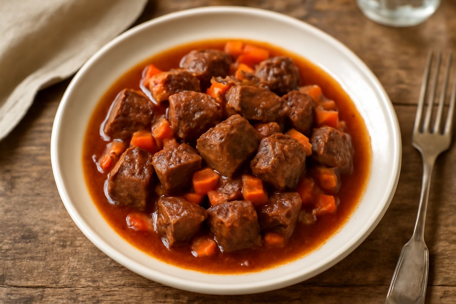 Manzo alla triestina servito in piatto bianco: cubetti di carne marrone scuro e tenera, conditi di brodo ricco e circondati da verdure cotte morbide color arancio e bianco, con prezzemolo fresco verde