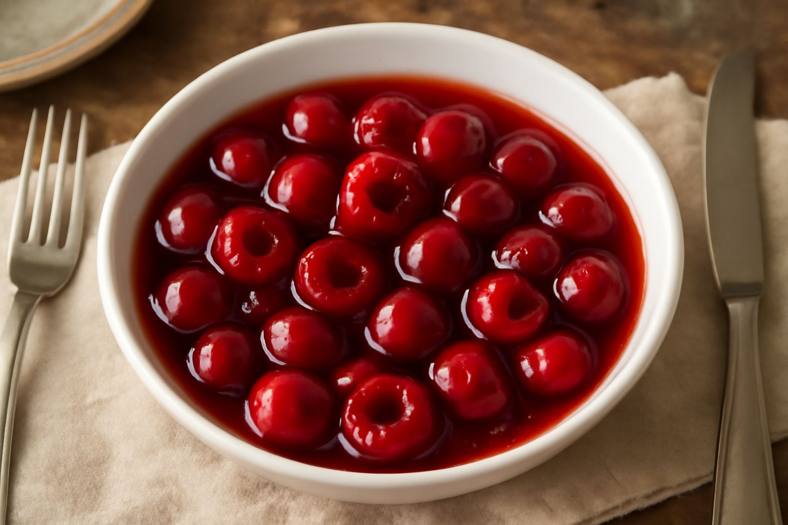 Vasetto di vetro con marasche in conserva, trasparente, con ciliegie rosse immerse in sciroppo chiaro, sigillato con disco di cera rossa, sfondo bianco