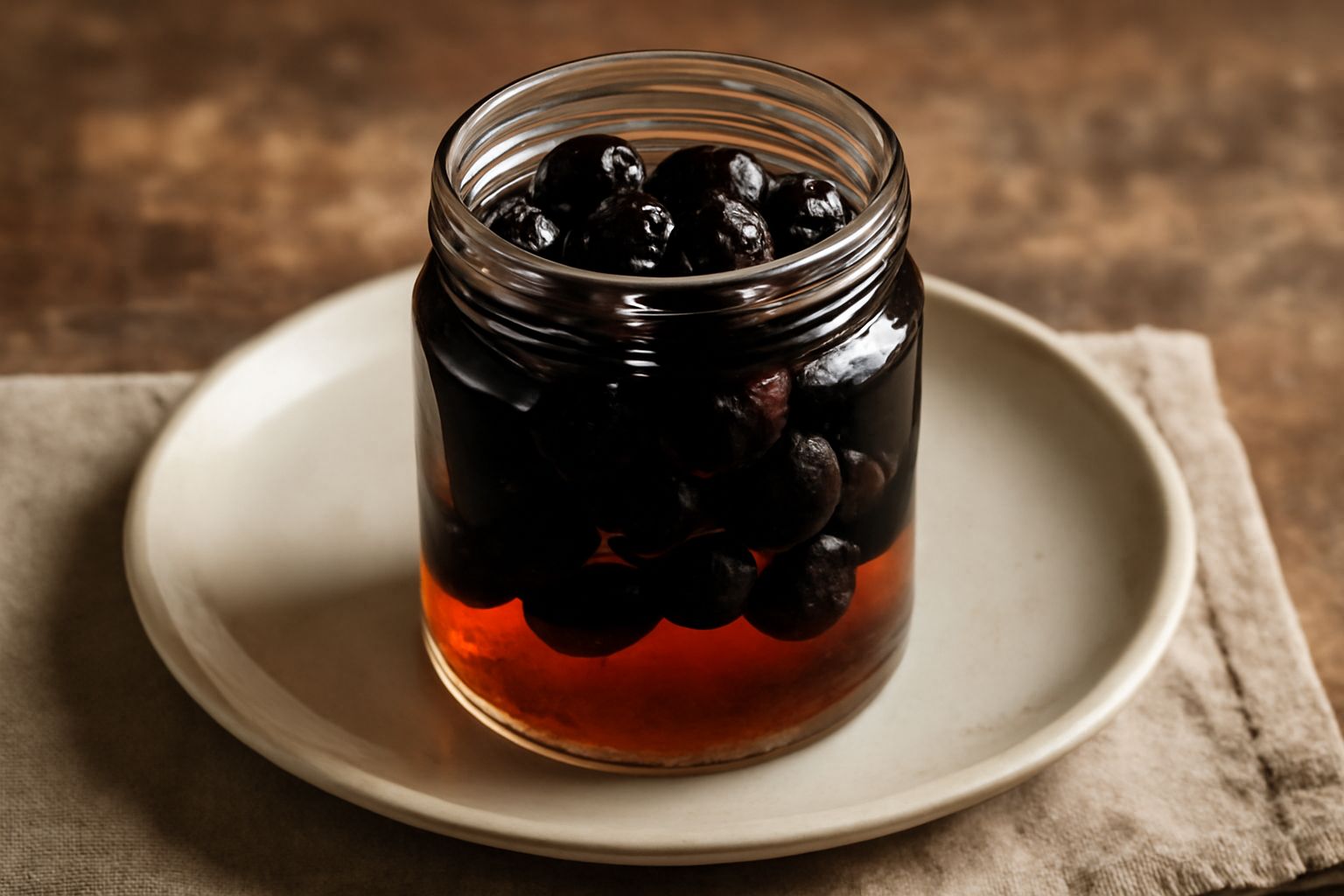 Barattolo di vetro con marasche scure sommerse in liquido trasparente ambrato, frutta intera visibile, etichetta beige legata con spago, sfondo neutro