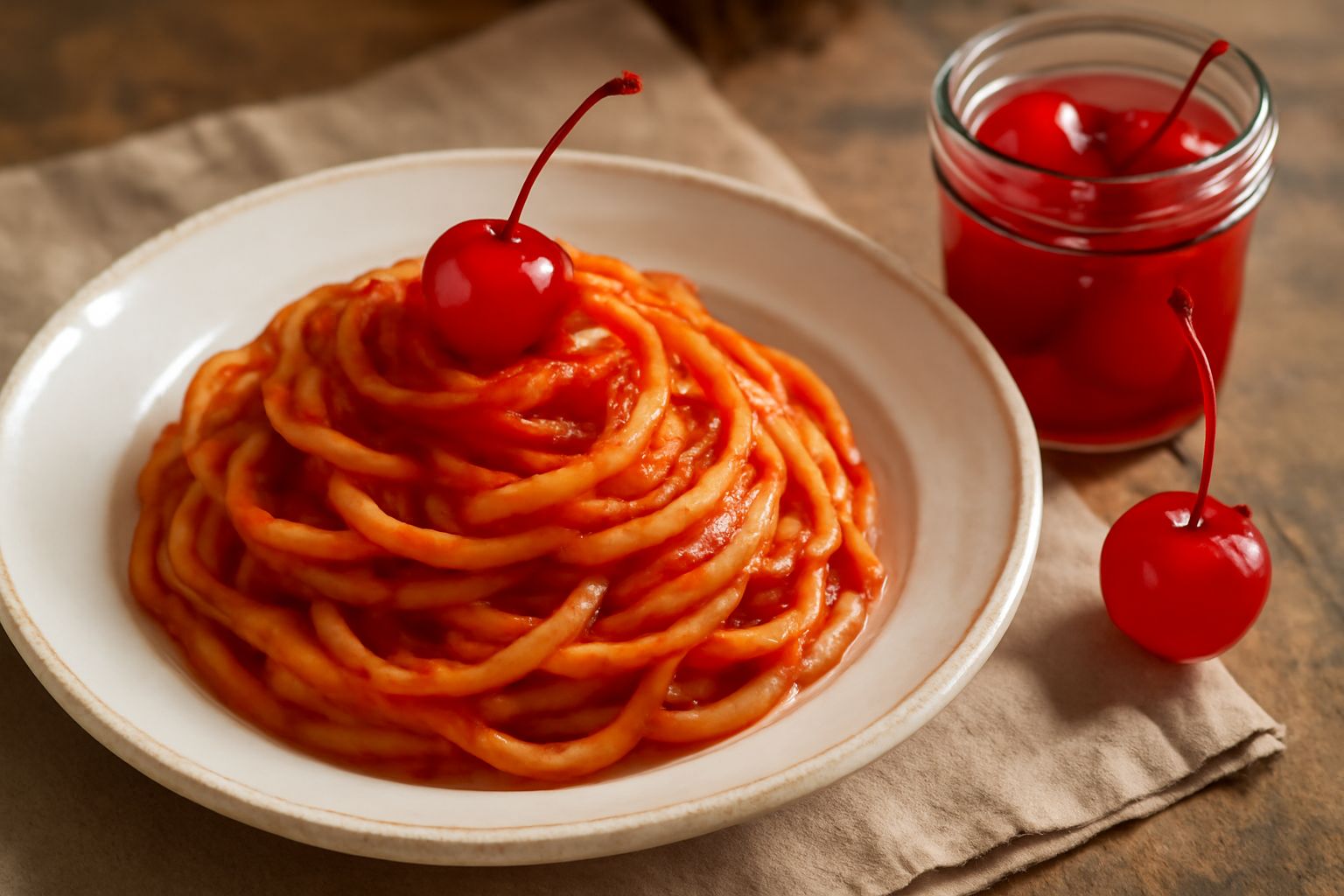 Ciliegie rosse brillanti candite in un vasetto di vetro trasparente con sciroppo cristallino, immerse in liquido limpido, con gambo visibile e brillantezza lucida sulla superficie
