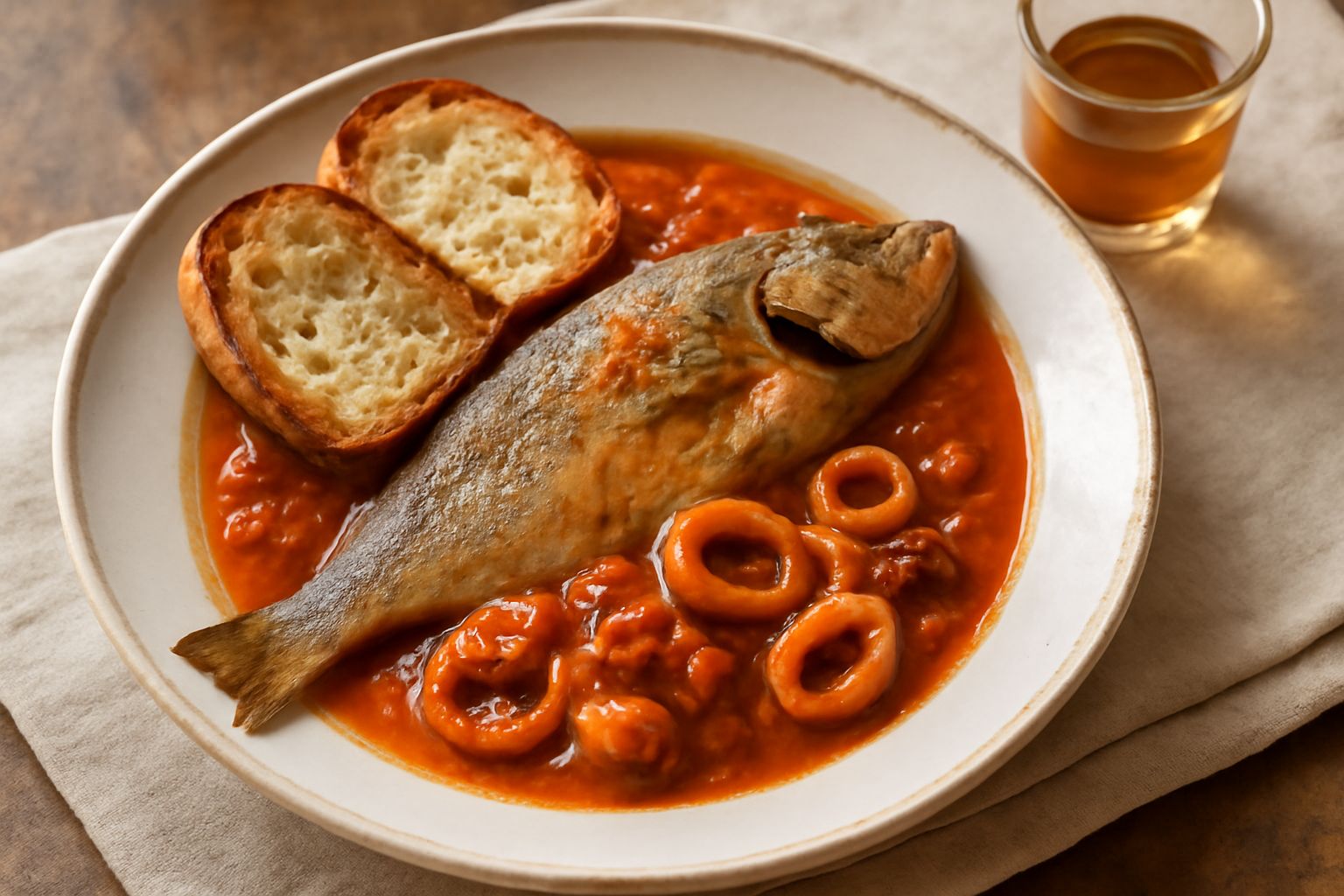 Bicchiere di cristallo con Maraschino trasparente e limpido, colore ambrato chiaro, su tavolo in legno scuro con alcune ciliegie marasche fresche accanto e una bottiglia in vetro sfumato sullo sfondo