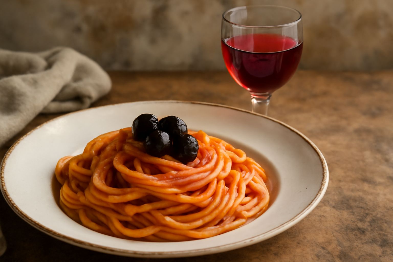 Calice di cristallo con maraschino di Luxardo di colore rosso rubino trasparente, con una ciliegia candita sul fondo, accanto a una bottiglia scura e elegante su sfondo neutro