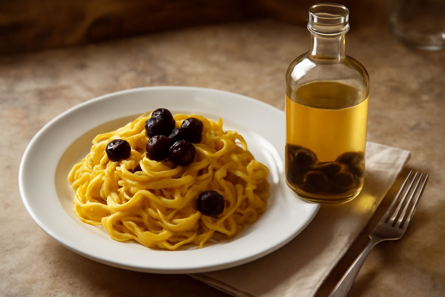 Bottiglia di vetro con liquore trasparente e ambrato, ciliegie scure intorno, sfondo di luci calde dorate e cucchiaio in legno accanto