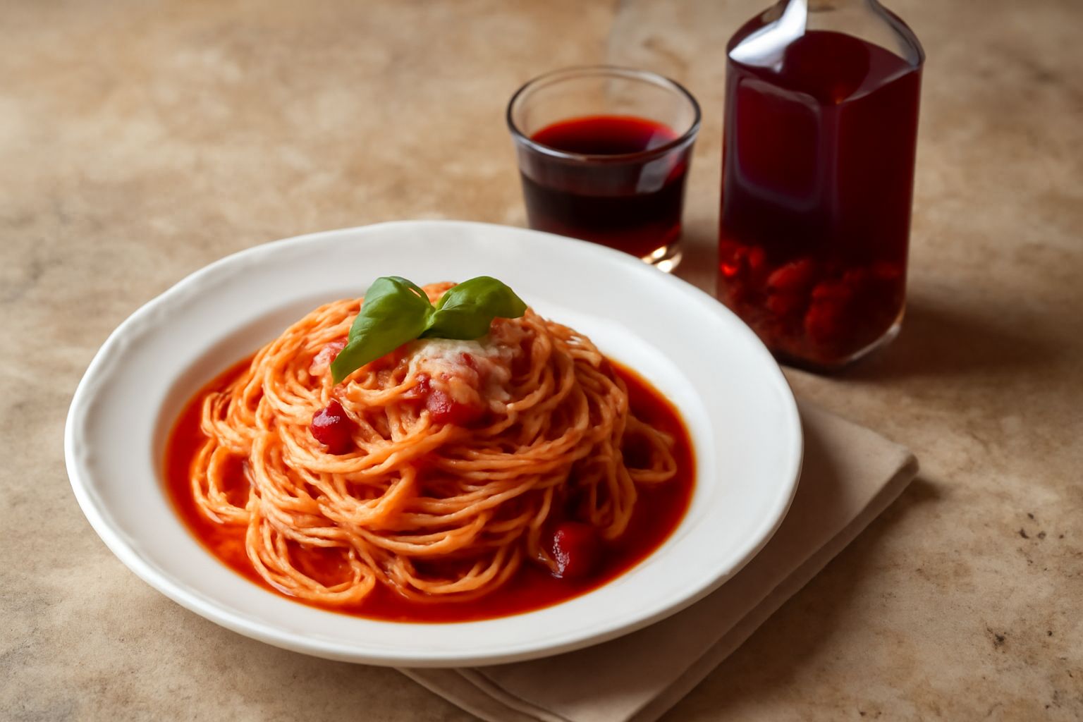 Bicchiere di cristallo contenente liquore maraschino rosso scuro con ciliegie intere visibili sul fondo, illuminato dalla luce naturale, su sfondo di legno chiaro con rami di ciliegie fresche vicino