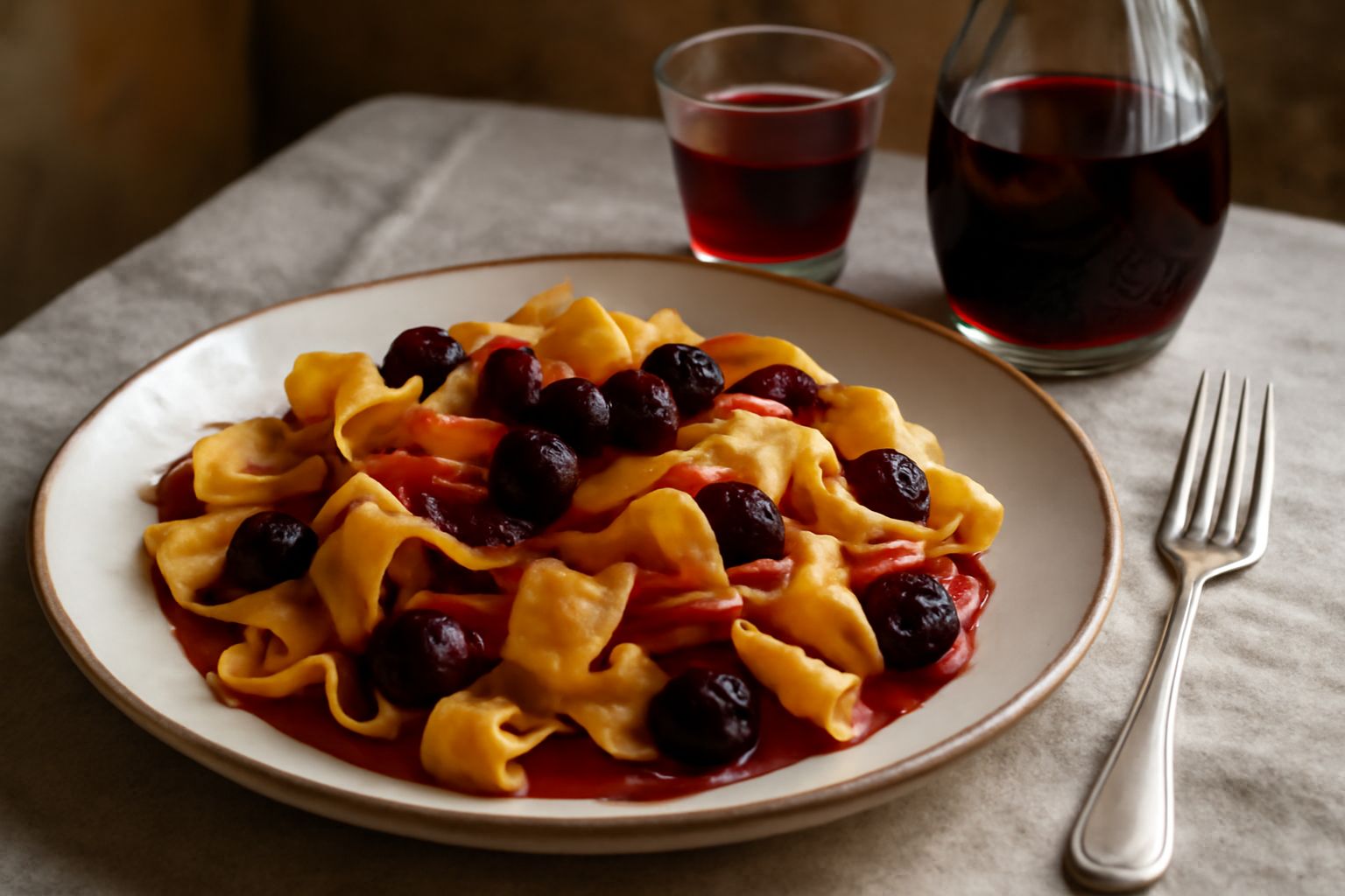 Bottiglie di maraschino di Zara con liquore rosso rubino e ciliegie scure visibili, su sfondo in legno scuro, accanto a un bicchiere trasparente contenente il liquore