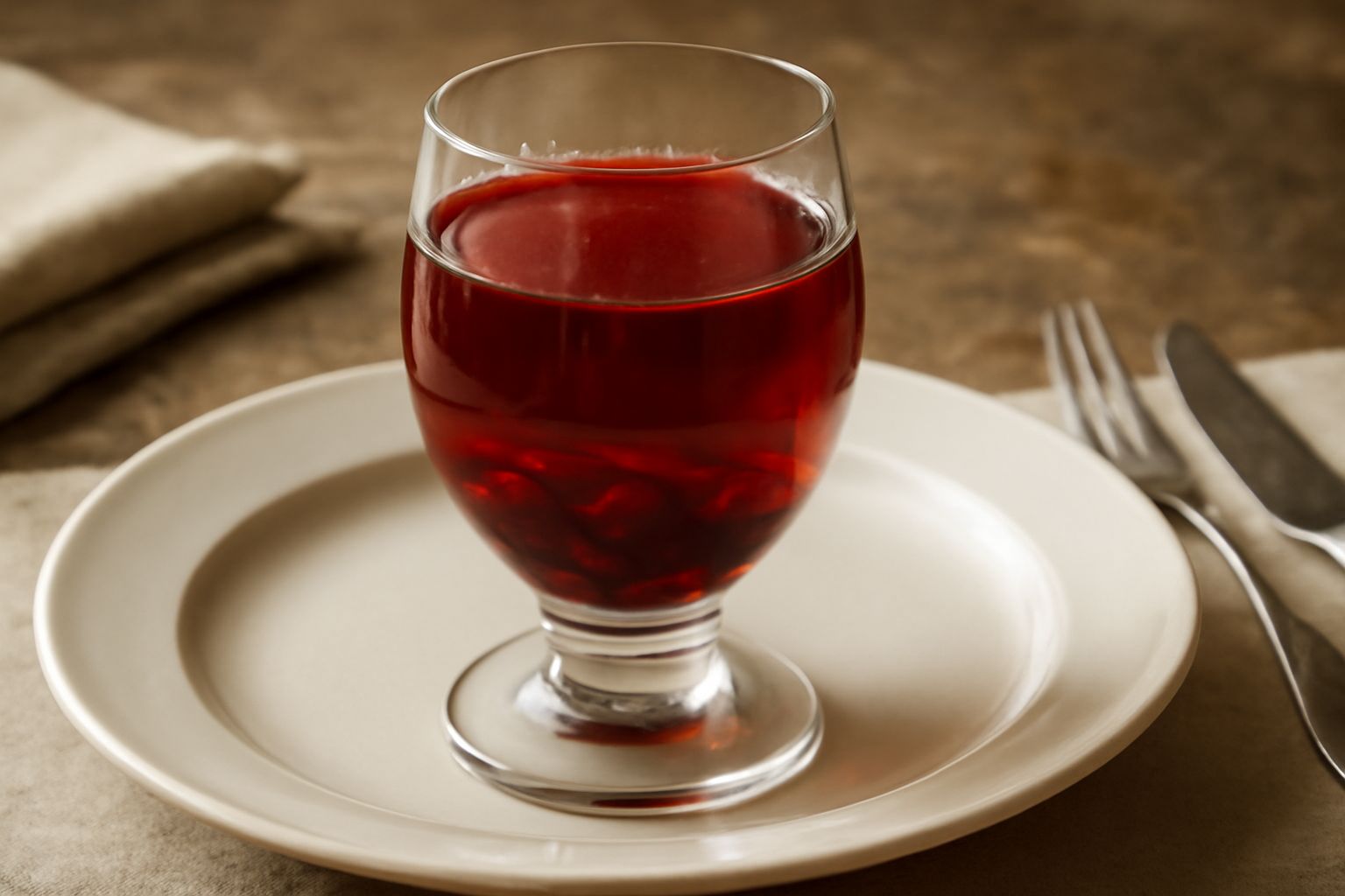 Bicchiere di vetro con maraschino laziale rosso scuro, ciliegie intere sul fondo, liquore trasparente e brillante, su fondo bianco con una ciliegia fresca accanto