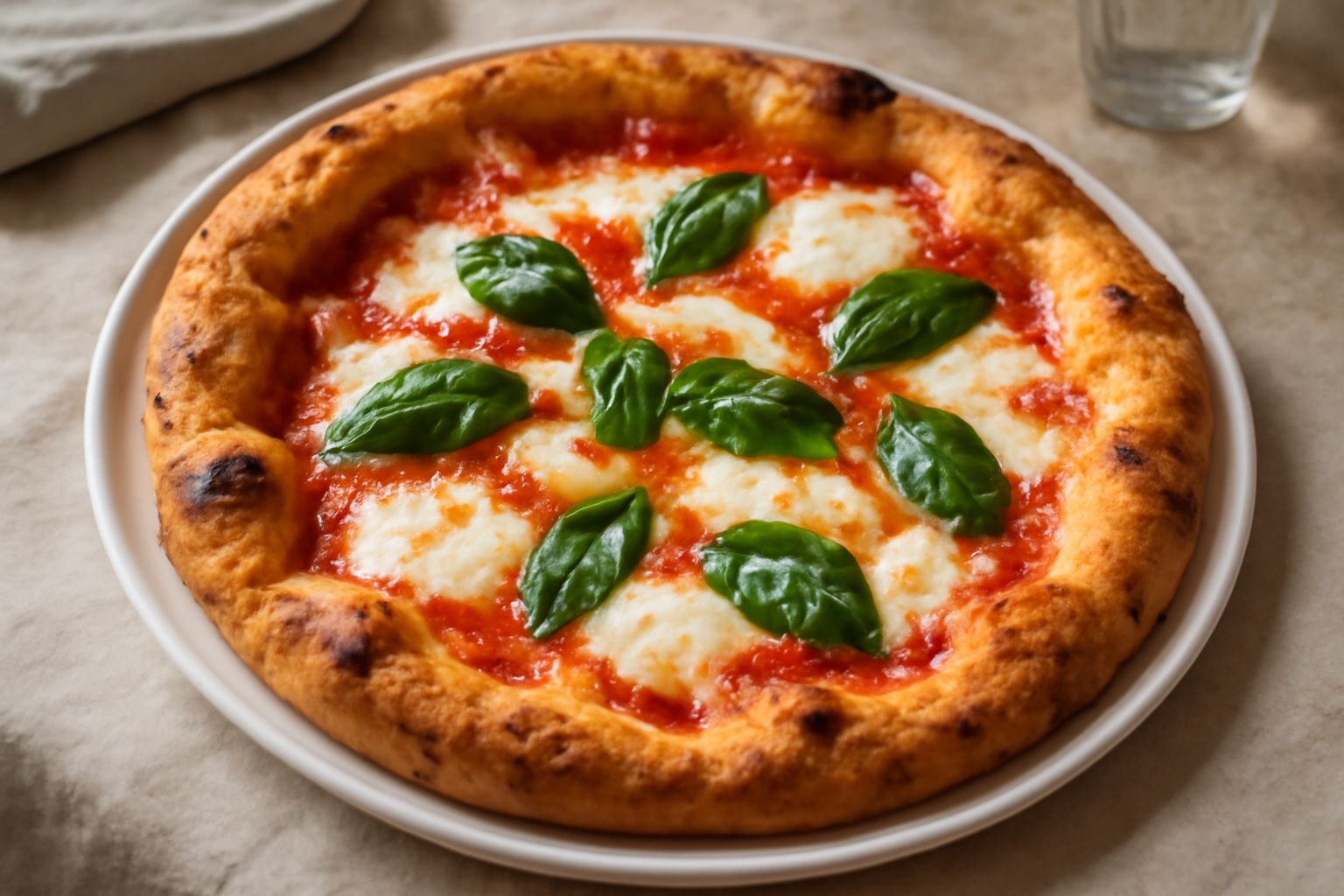 Pizza Margherita rotonda con bordo gonfio e croccante, pomodoro rosso vivo distribuito in gocce, mozzarella bianca filante appena sciolta, basilico fresco verde su sfondo bianco, olio d'oliva luccican