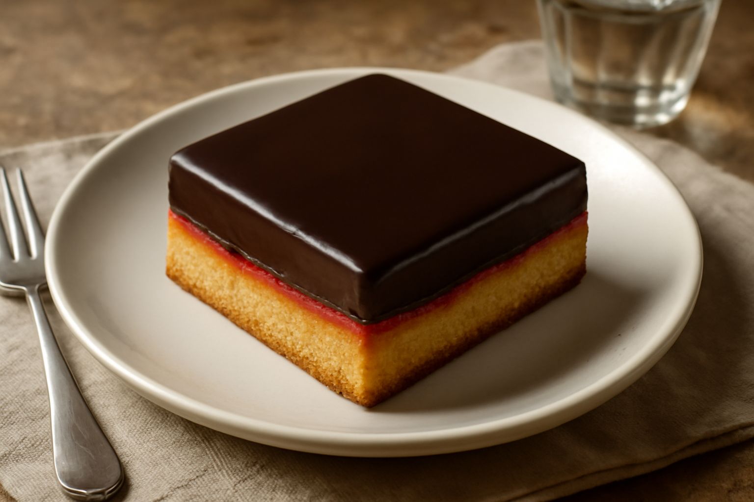 Torta Margherita di Stupinigi con copertura di cioccolato lucido, base di mandorle dorate, fetta tagliata che mostra il ripieno di marmellata rossa, guarnita con scaglie di cioccolato bianco su piatto