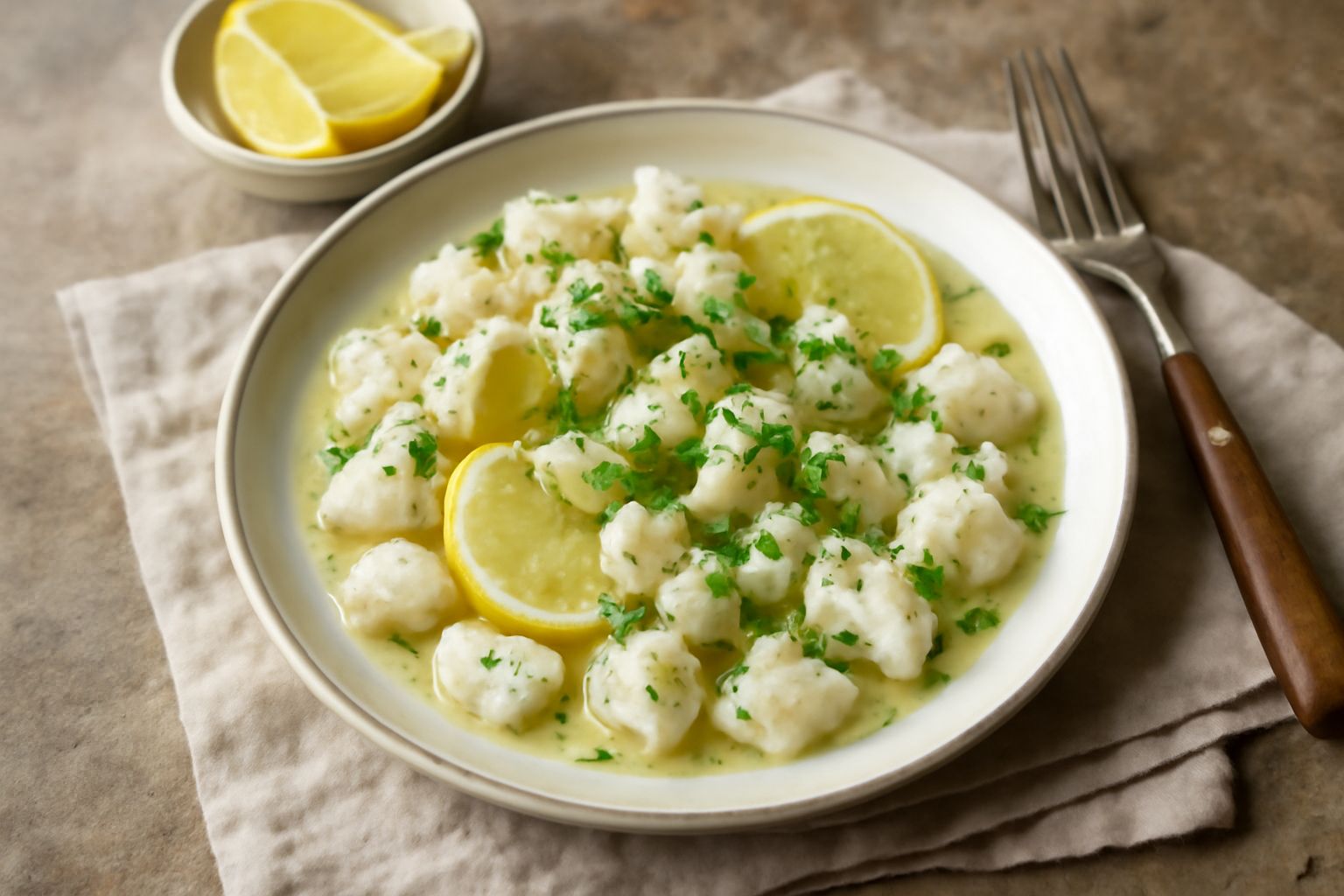Filetti di pesce bianco marinati in un piatto bianco con fette di limone, olio d'oliva e sale grosso sparse in superficie