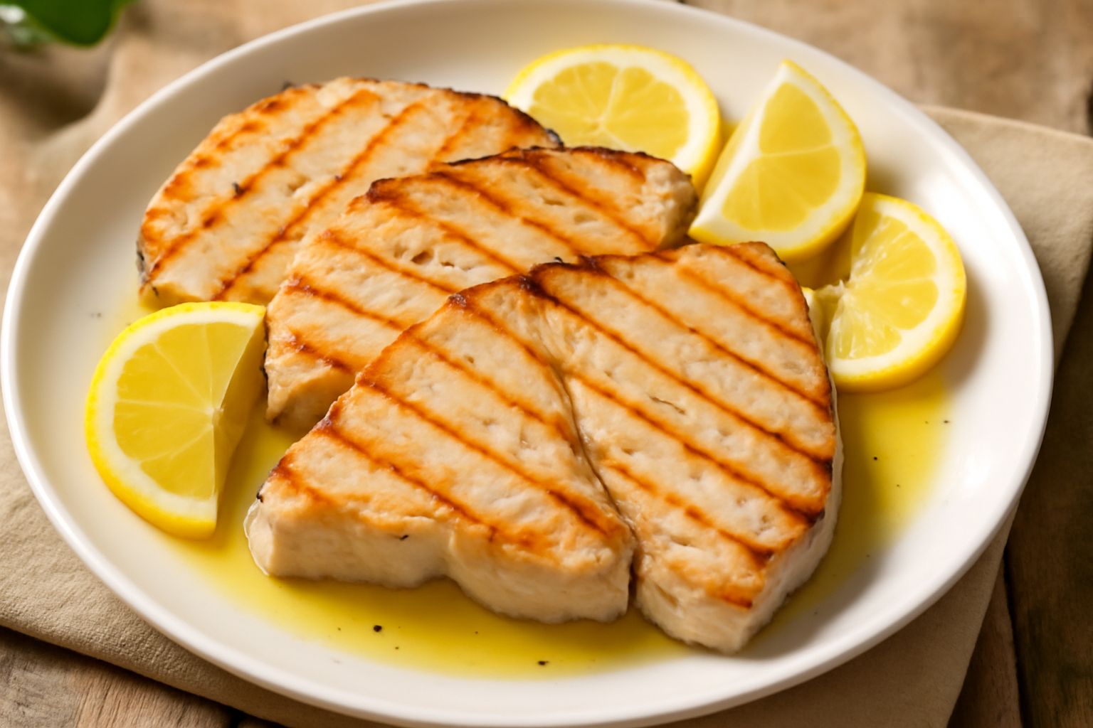 Fettine di pesce spada dorate sulla griglia con segni di cottura, condite con limone fresco e prezzemolo, su piatto bianco con contorno di verdure grigliate