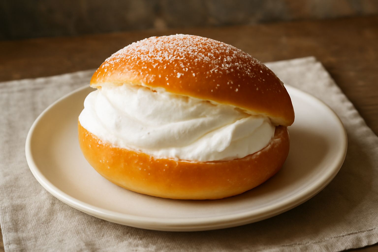 Maritozzo appena farcito di panna montata bianca su piatto bianco, tagliato a metà, mostrando la farcitura cremosa all'interno e il panetto dorato esternamente, con alcuni frammenti di zucchero in sup