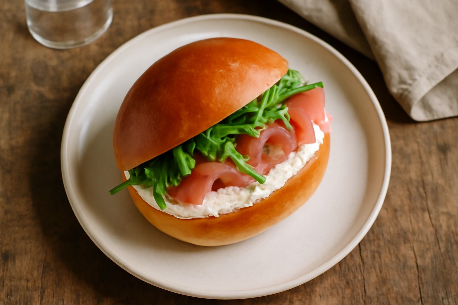 Maritozzo salato aperto mostra interno con mozzarella, prosciutto crudo, rucola e pomodoro su sfondo bianco