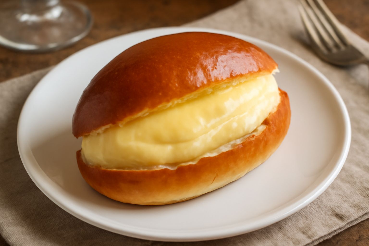 Un maritozzo salentino intero con crema bianca che fuoriesce dal taglio centrale, posto su un piatto bianco con una spruzzata di zucchero a velo; sfondo chiaro e neutro