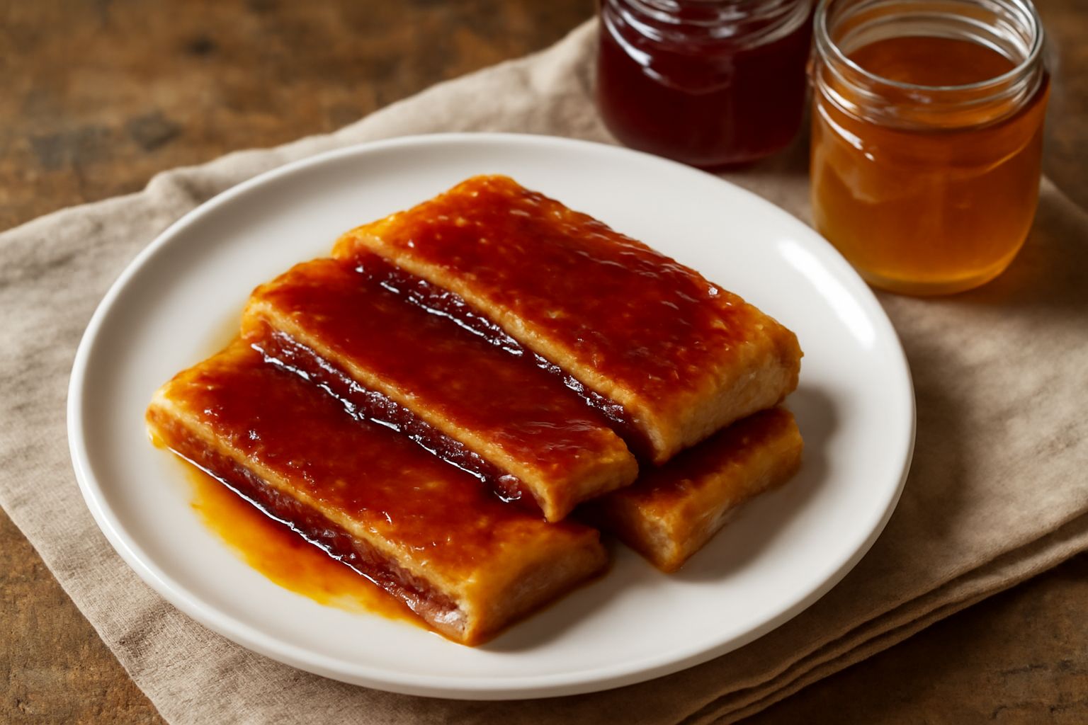 Vasetti di vetro con marmellata color ambra e rosso scuro, chiusi con dischi di carta, disposti in fila su tavolo in legno invecchiato con foglie di menta fresca e frutti sparsi intorno