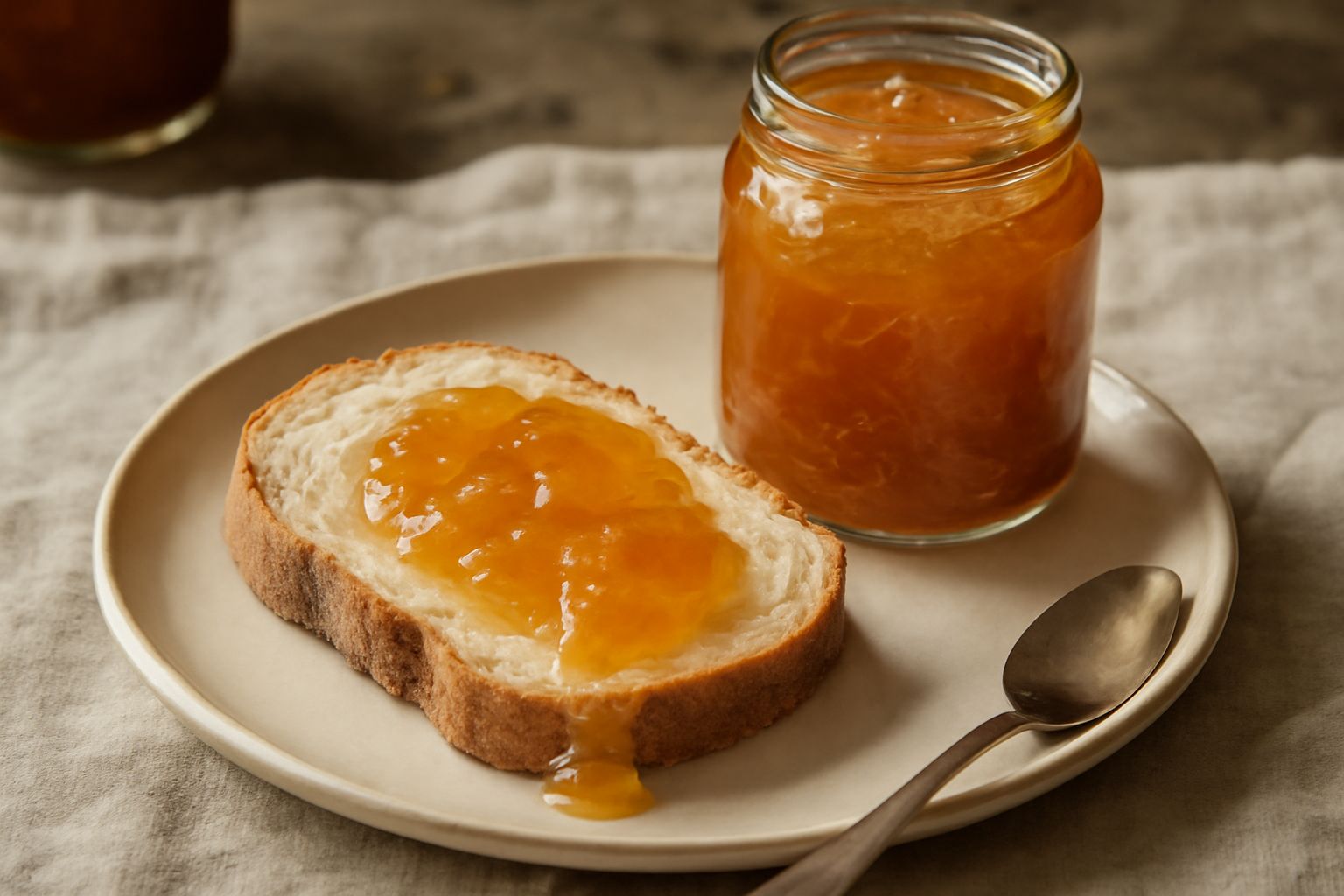 Barattolo di vetro con marmellata di agrumi di colore arancio dorato, con buccia visibile, circondata da arance fresche tagliate a metà e limoni gialli su un tavolo di legno chiaro