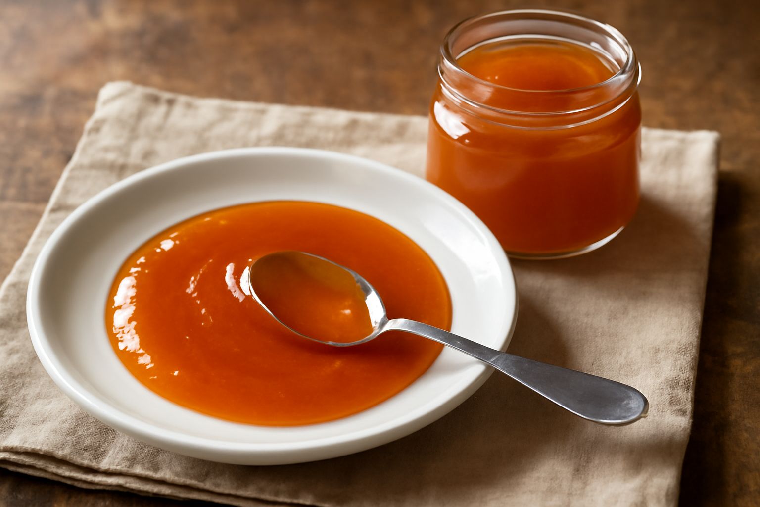 Barattolo di vetro con marmellata di albicocche color ambra scuro, lucida e omogenea, circondata da tre albicocche fresche tagliate a metà su fondo di legno chiaro