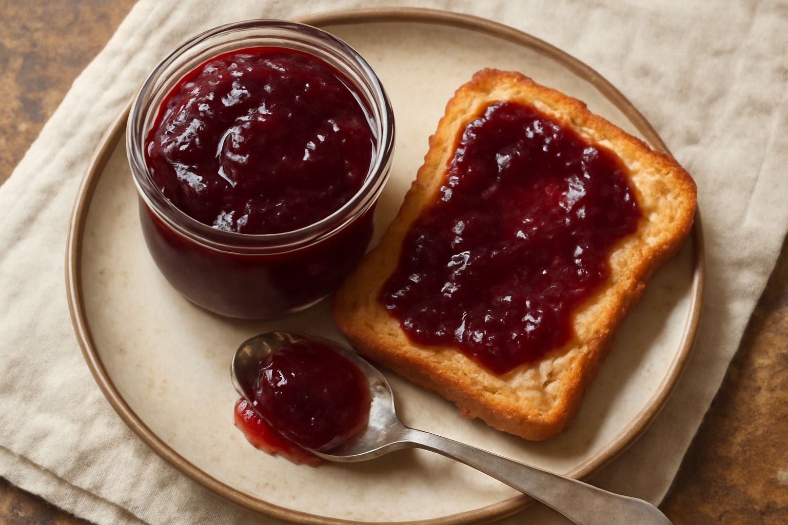 Marmellata di amarene in vasetto di vetro con coperchio, colore rosso bordeaux scuro, lucida e densa. Vasetto poggiato su un canovaccio bianco con una cucchiaia di legno accanto e amarene fresche into