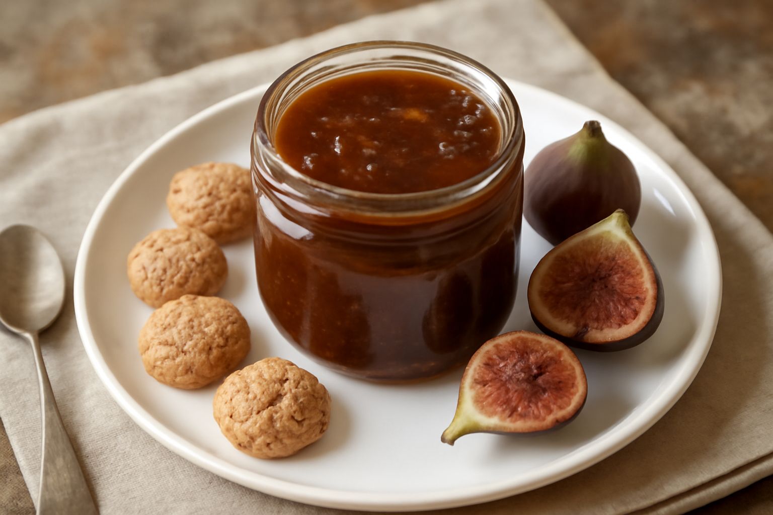 Marmellata di amaretti e fichi in vasetto di vetro trasparente, color marrone ambrato scuro, con superficie lucida leggermente irregolare, cucchiaino in primo piano con poco di marmellata, su tavolo d