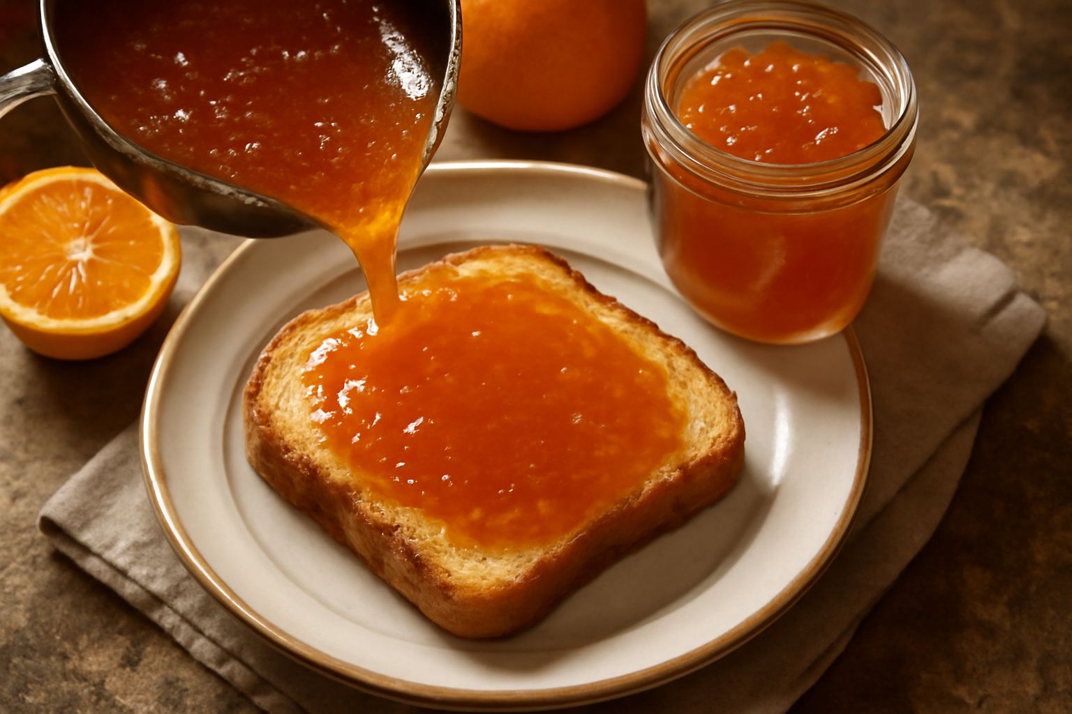 Marmellata di arance di colore arancio brillante in vasetto di vetro con coperchio, ambrata alla luce, con buccia d'arancia candita visibile sulla superficie lucida