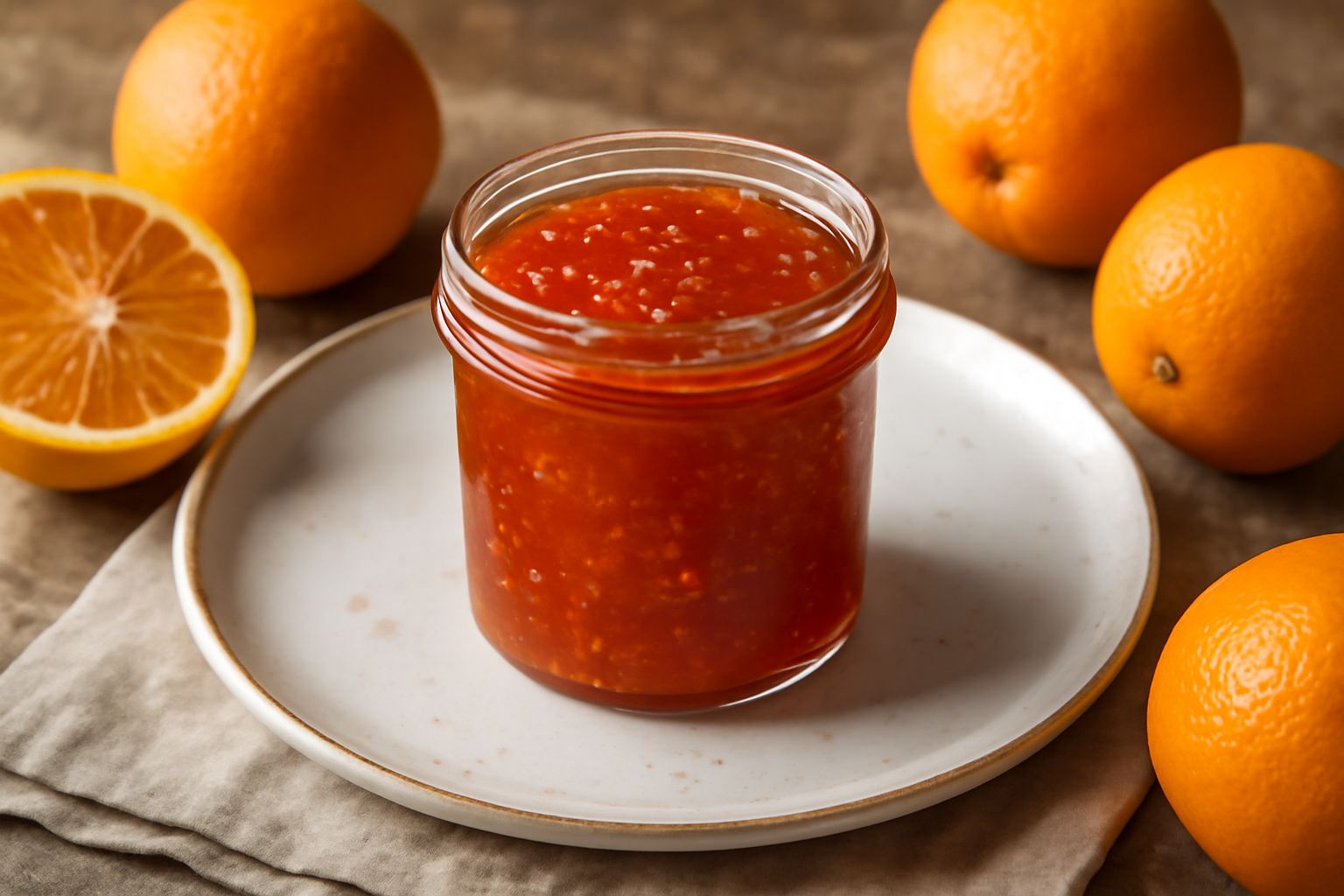 Vasetto di vetro con marmellata di arance amare color ambra scuro, con buccia d'arancia visibile in superficie, su un tavolo bianco con arance fresche intere accanto e un cucchiaio in legno