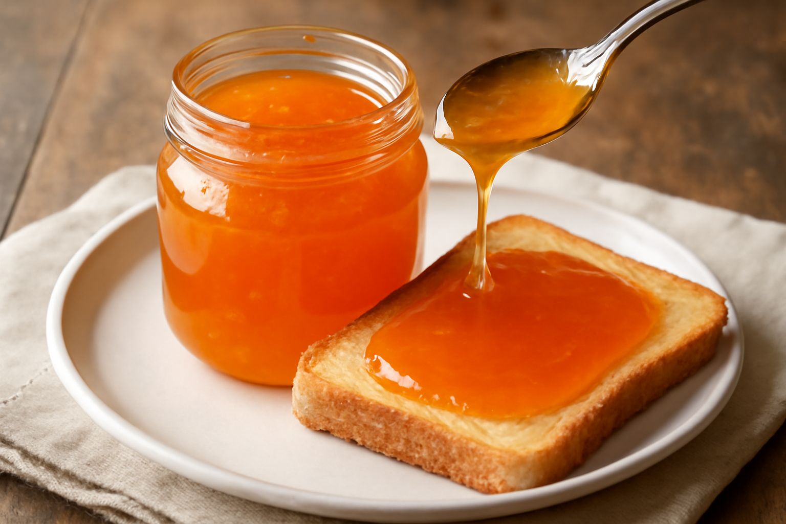 Vasetto di vetro con marmellata di arancia dal colore arancio brillante e trasparente, spalmata su una fetta di pane tostato, con buccia di arancia grattugiata accanto sul tavolo di legno