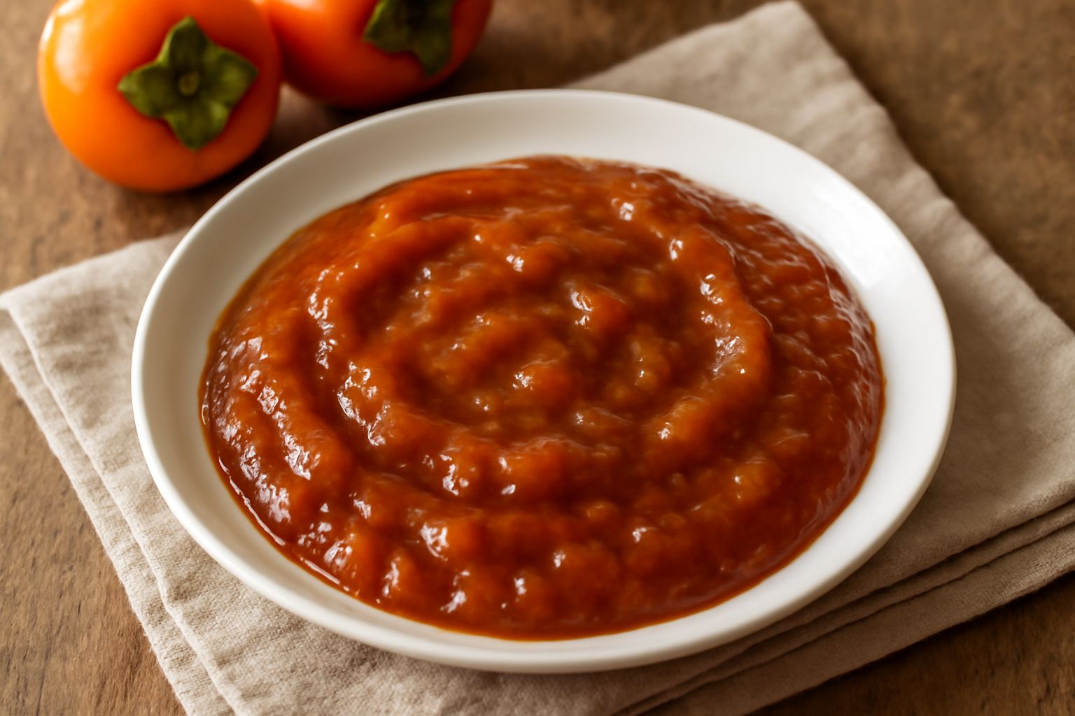 Barattolo di vetro con marmellata di cachi arancione scuro, densa e lucida, con un cucchiaio di legno immerso nella conserva, accanto a mezzo caco fresco su una tavola di legno scuro