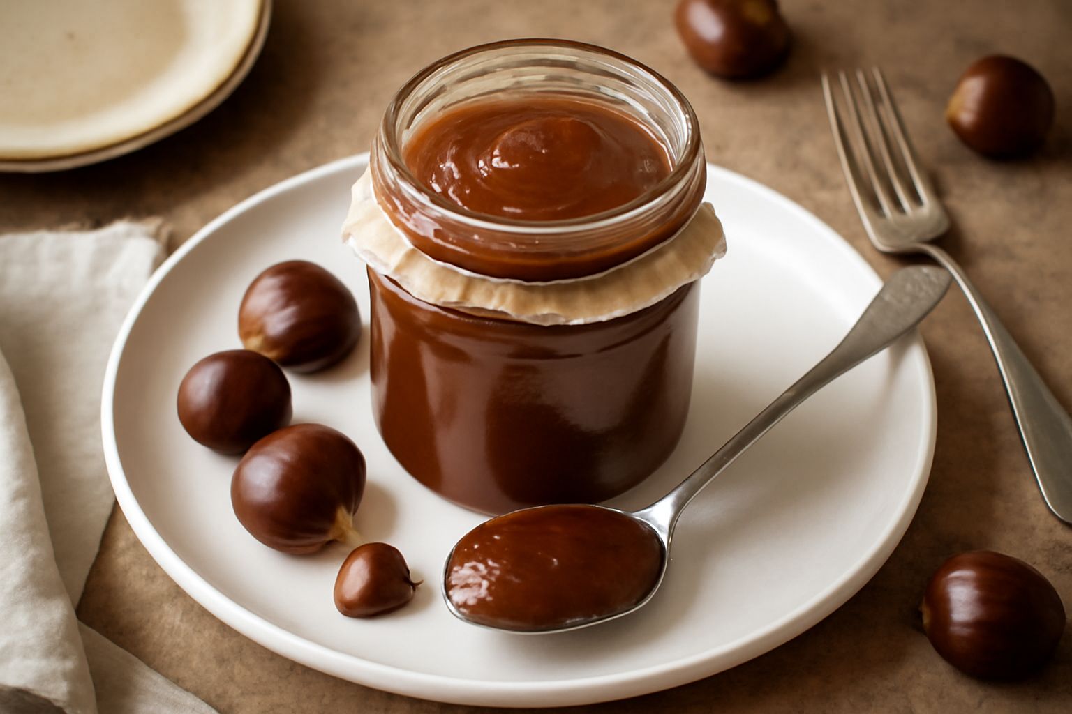 Marmellata di castagne in vasetto di vetro trasparente con colore marrone scuro e consistenza densa, con una cucchiaiata di conserva sopra il bordo e foglie secche di castagne sullo sfondo
