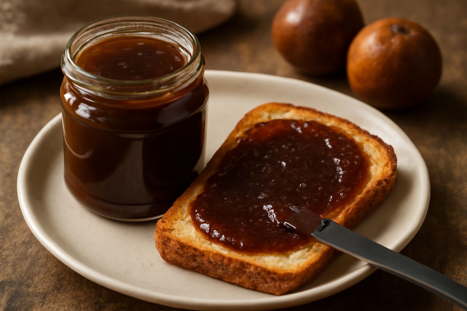 Marmellata di chinotto color ambrato scuro in un vasetto di vetro trasparente, con un cucchiaio di legno dentro e frutti di chinotto freschi accanto su un tavolo di legno
