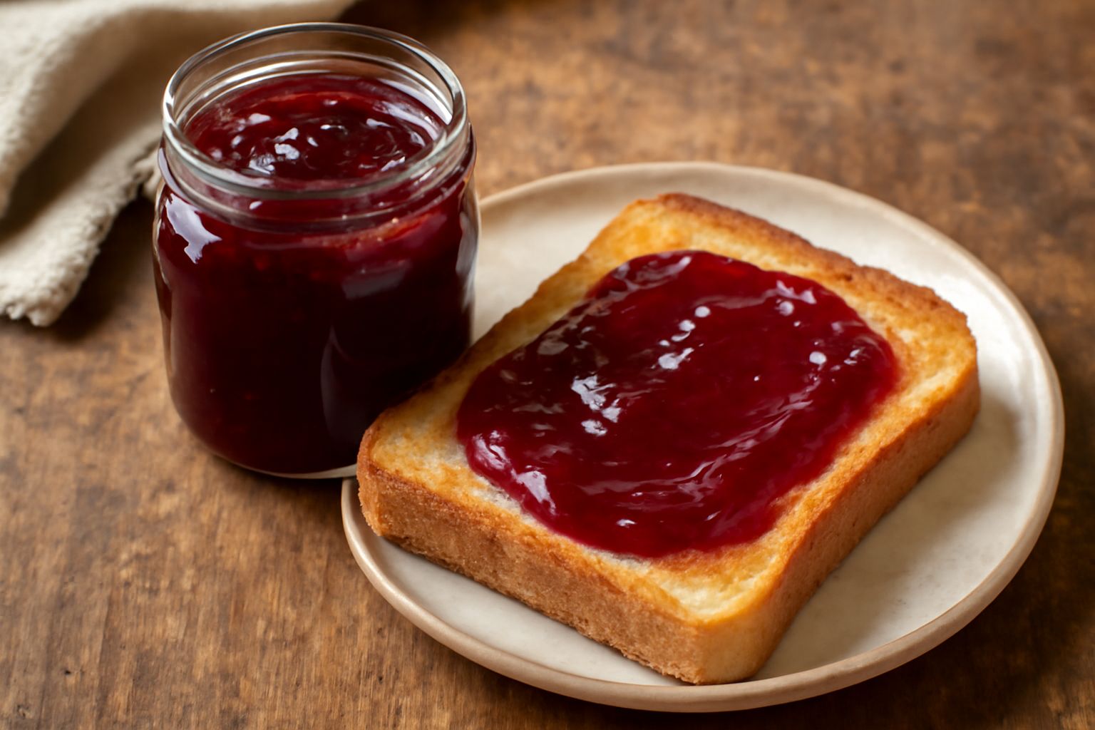 Barattoli di vetro pieni di marmellata di ciliege dal colore rosso rubino intenso, con un cucchiaio di legno appoggiato sul bordo di uno dei barattoli, ciliege fresche intorno e una briciola di pane t