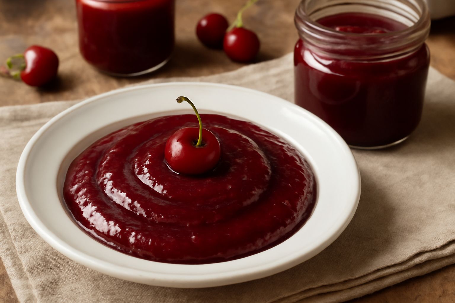 Marmellata di ciliegia rosso scuro lucido in un barattolo di vetro con coperchio bianco, cucchiaio di legno immerso, sfondo neutro con ciliegie fresche rosse accanto