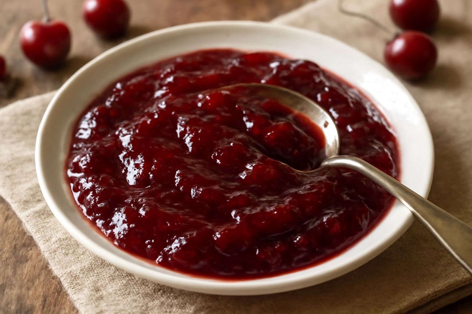 Marmellata di ciliegie in vaso di vetro trasparente con colore rosso scuro intenso, fresco di cottura, con alcune ciliegie intere accanto al vaso su un tavolo di legno chiaro