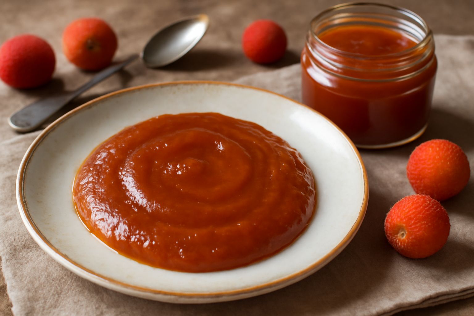 Vasetto di vetro trasparente con marmellata di corbezzoli color arancio scuro, lucente, con superficie piana e brillante, accanto a corbezzoli rossi e arancioni interi ancora con foglie verdi, su pian