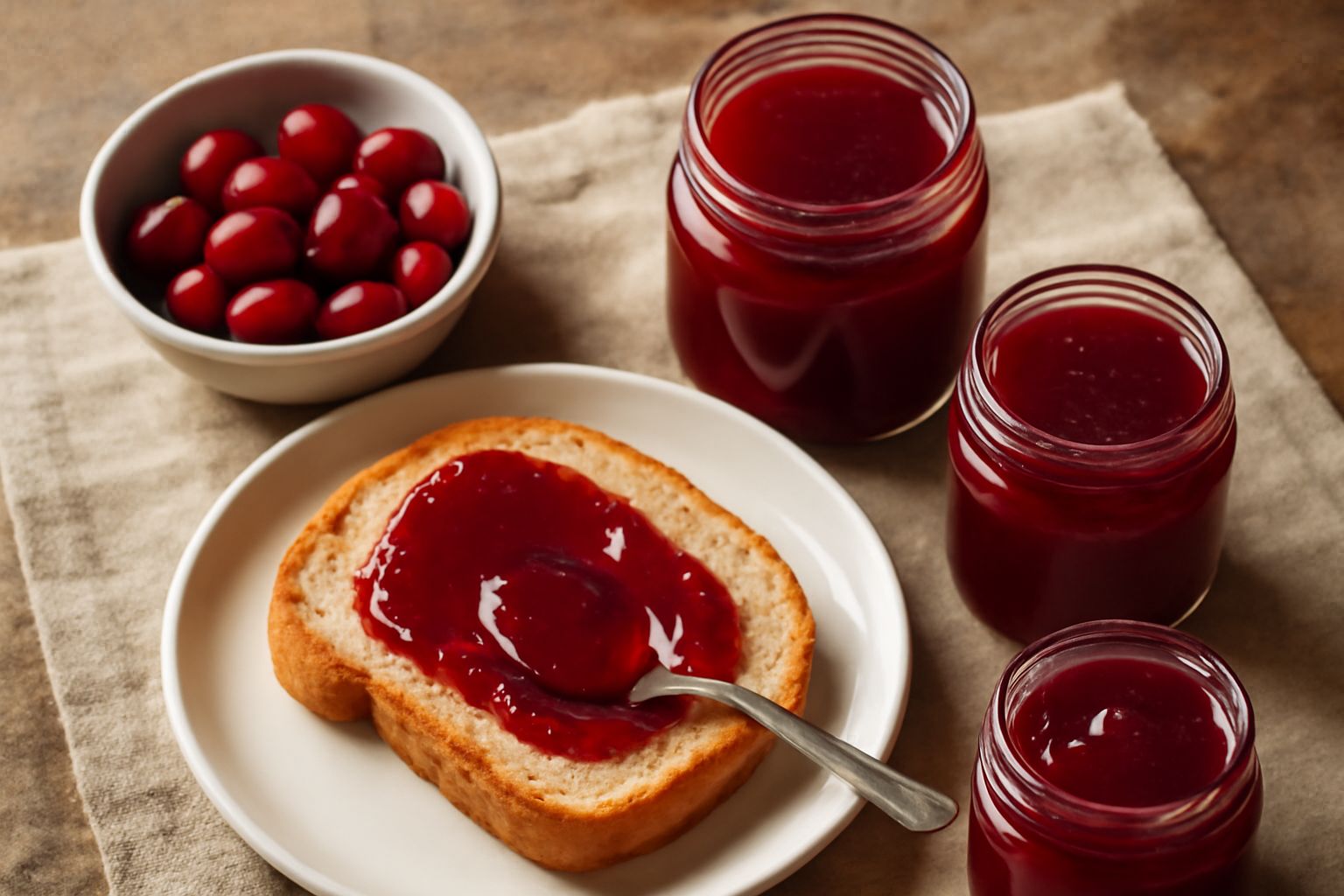 Vaso di vetro trasparente con marmellata di corniole di colore rosso rubino, lucida e densa, con alcune corniole fresche rosse accanto su un piatto bianco