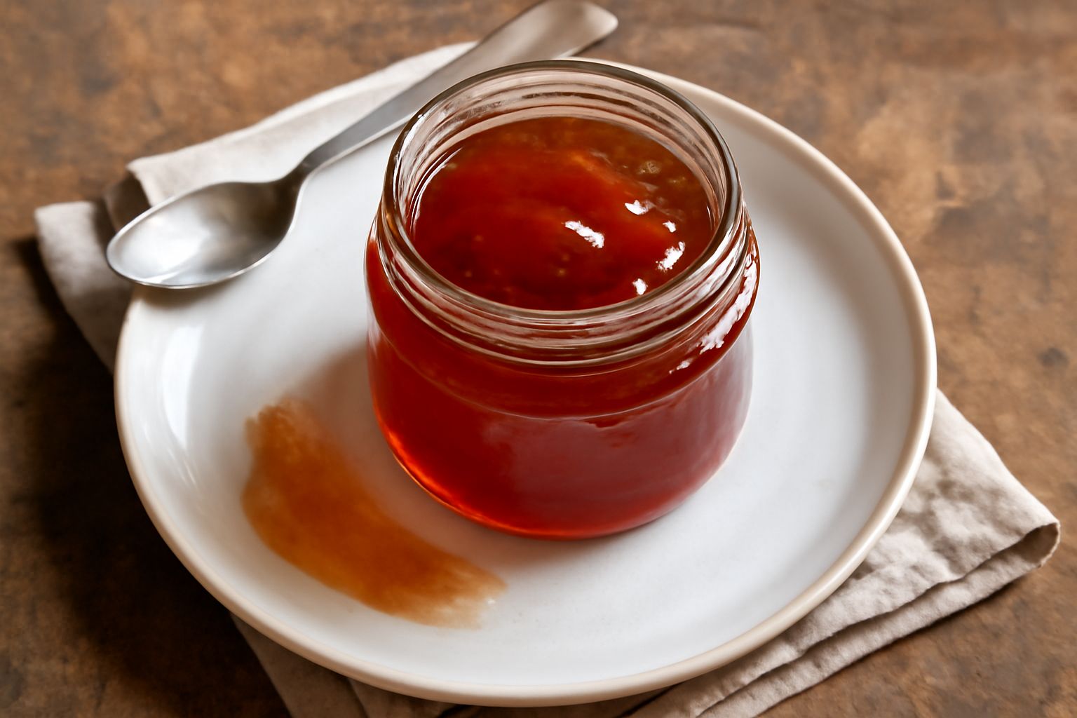 Marmellata di cotogne rosso scuro e traslucida in un vasetto di vetro, con le pareti bagnate di sciroppo denso, accanto a due cotogne intere giallo pallido e un cucchiaio di legno