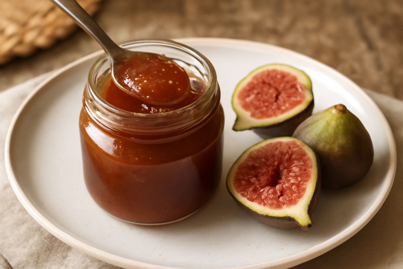Vaso di vetro pieno di marmellata di fichi color ambra scuro, con un cucchiaio di legno appoggiato sulla spalla del vaso, sfondo con fichi freschi tagliati a metà
