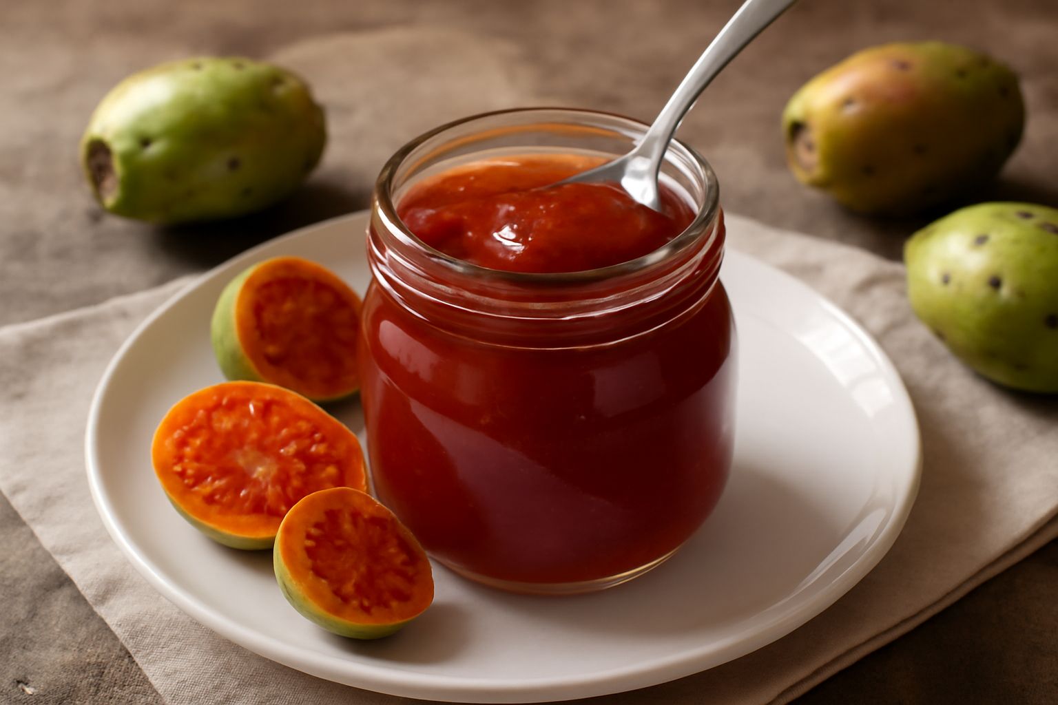 Marmellata di fichi d'india in barattolo di vetro trasparente con coperchio, colore rosso ambrato luminoso, cucchiaio in legno immerso nella conserva densa e brillante, sfondo bianco