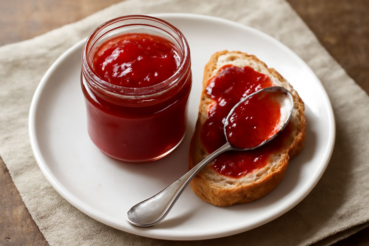 Barattoli di vetro con marmellata di fragola rosso intenso e lucente, alcune fragole fresche accostate ai vasetti su un tavolo di legno chiaro, cucchiaio di legno con un po' di marmellata