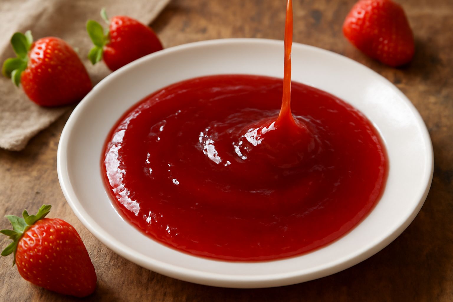 Una ciotola di ceramica bianca contiene marmellata di fragole rosso scuro, spalmata con un cucchiaio di legno, circondata da fragole fresche rosse e un vasetto di vetro traslucido pieno di confettura 