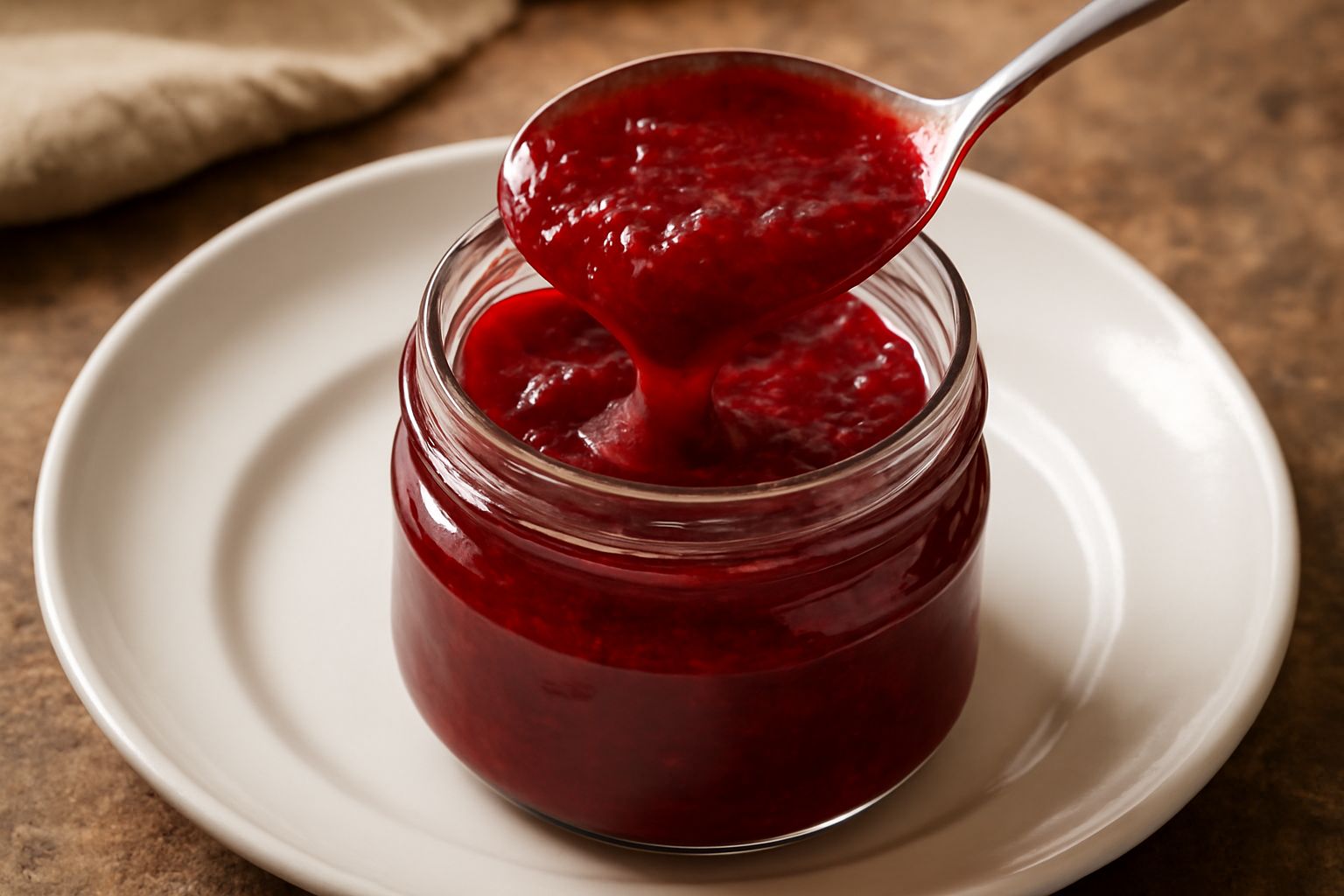 Vasetto di vetro trasparente pieno di marmellata rosso scuro intenso, con cucchiaio di legno appoggiato sul bordo, fragole fresche piccole sparse intorno, su tavolo di legno bianco