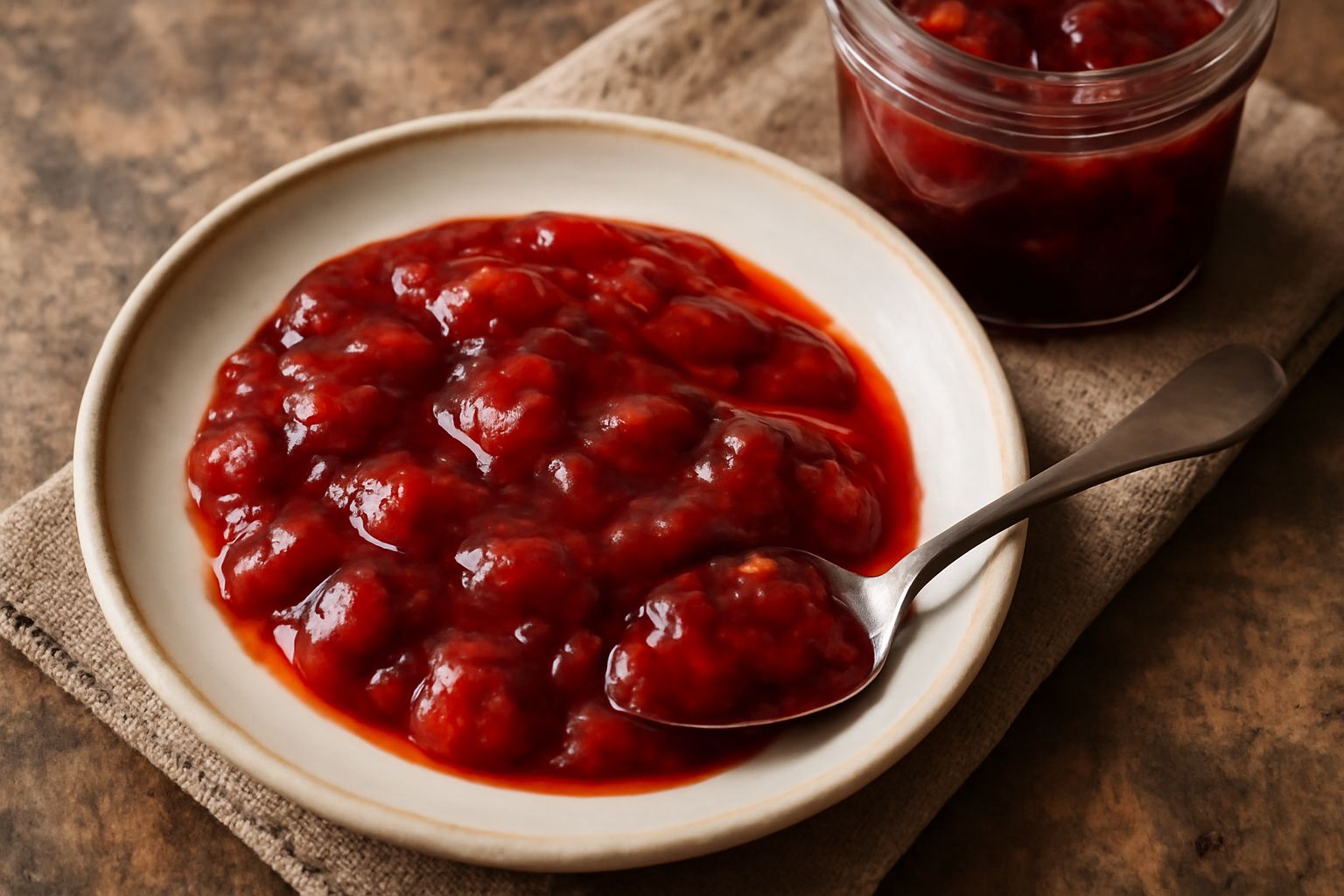 Barattolo di vetro trasparente con marmellata di fragole rosso scuro e brillante, fragole intere visibili dentro, cucchiaio di legno appoggiato accanto, fondo rustico in legno chiaro