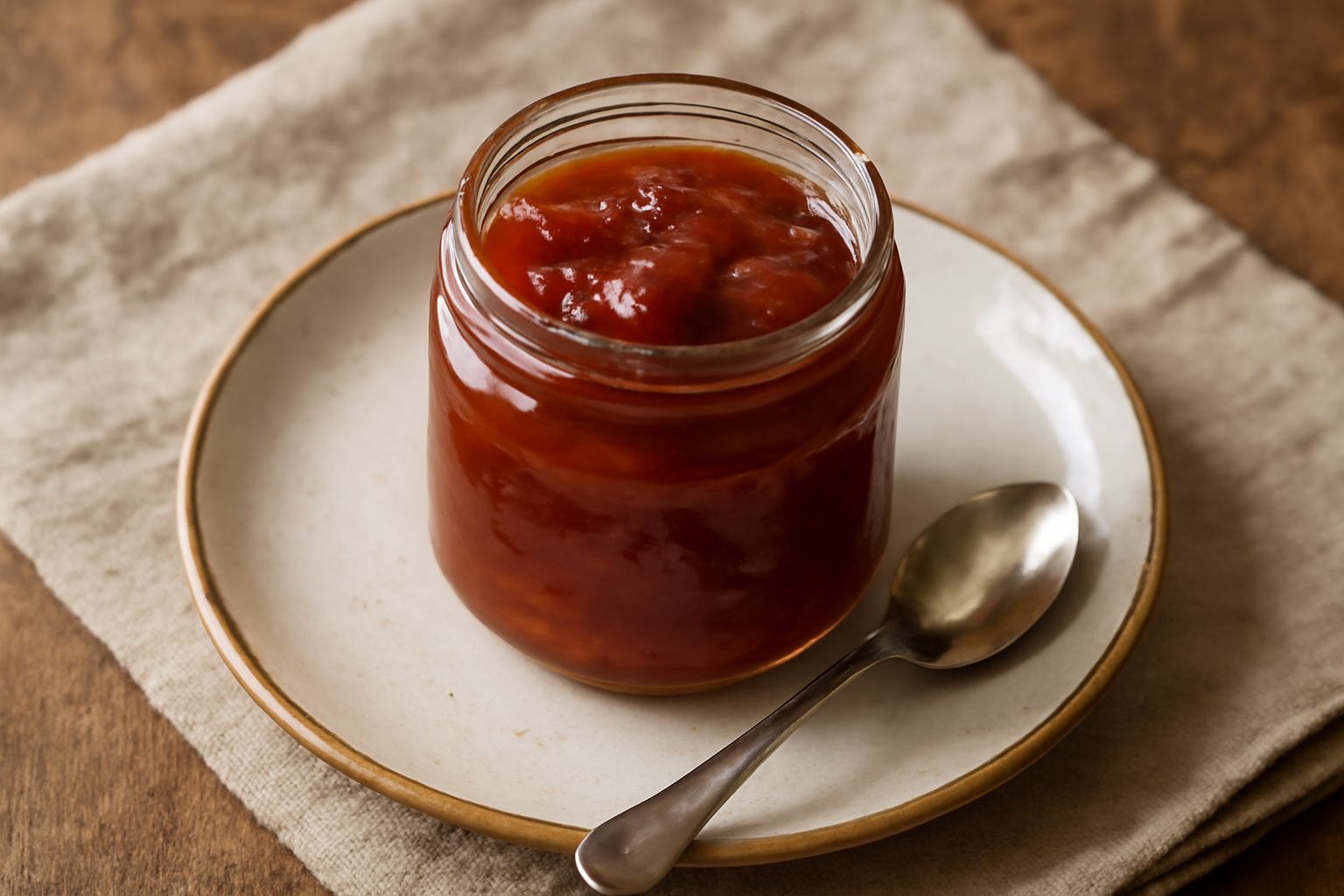 Marmellata di frutta mista color ambrato-rossastro in un vasetto di vetro trasparente, con consistenza densa e lucida, poggiata su un tavolo di legno con frutti freschi intorno: fragole rosse, mele gi