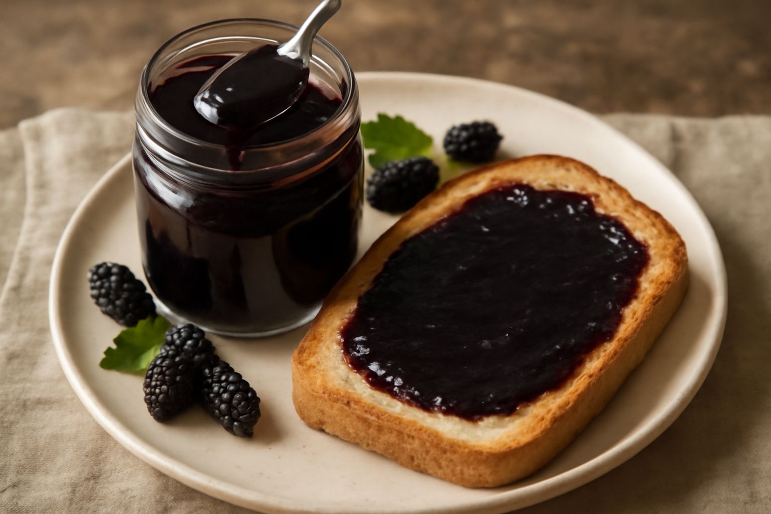 Barattolo di vetro trasparente con marmellata di gelso color bordeaux scuro, cucchiaio di legno inserito, pane tostato con marmellata spalmata di lato, sfondo neutro bianco